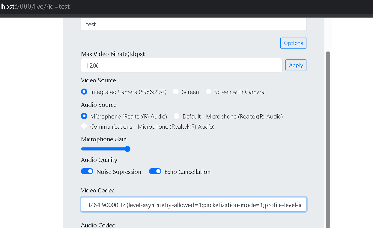 Publish page with the video codec set to H.264