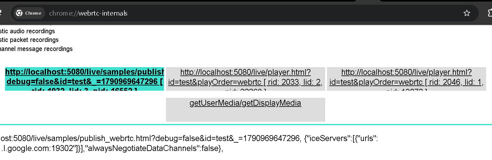 Chrome WebRTC internals showing the publisher and both players